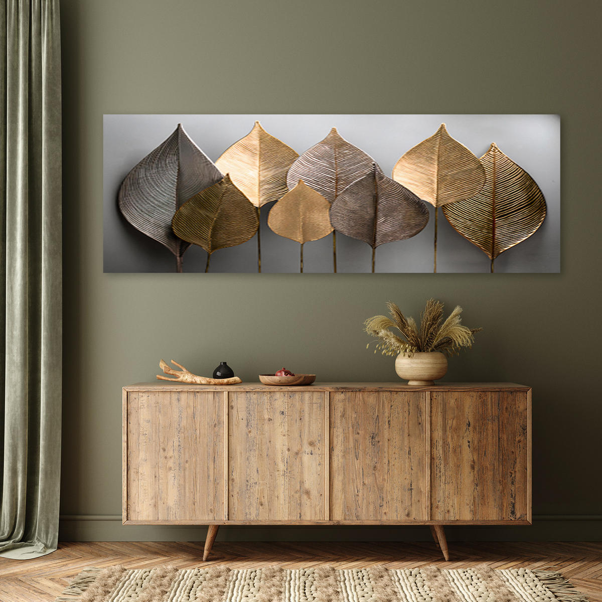 WANDBILD minimalismus goldene blätter abstraktion - Goldfarben, Textil (90/30cm) - Feeby