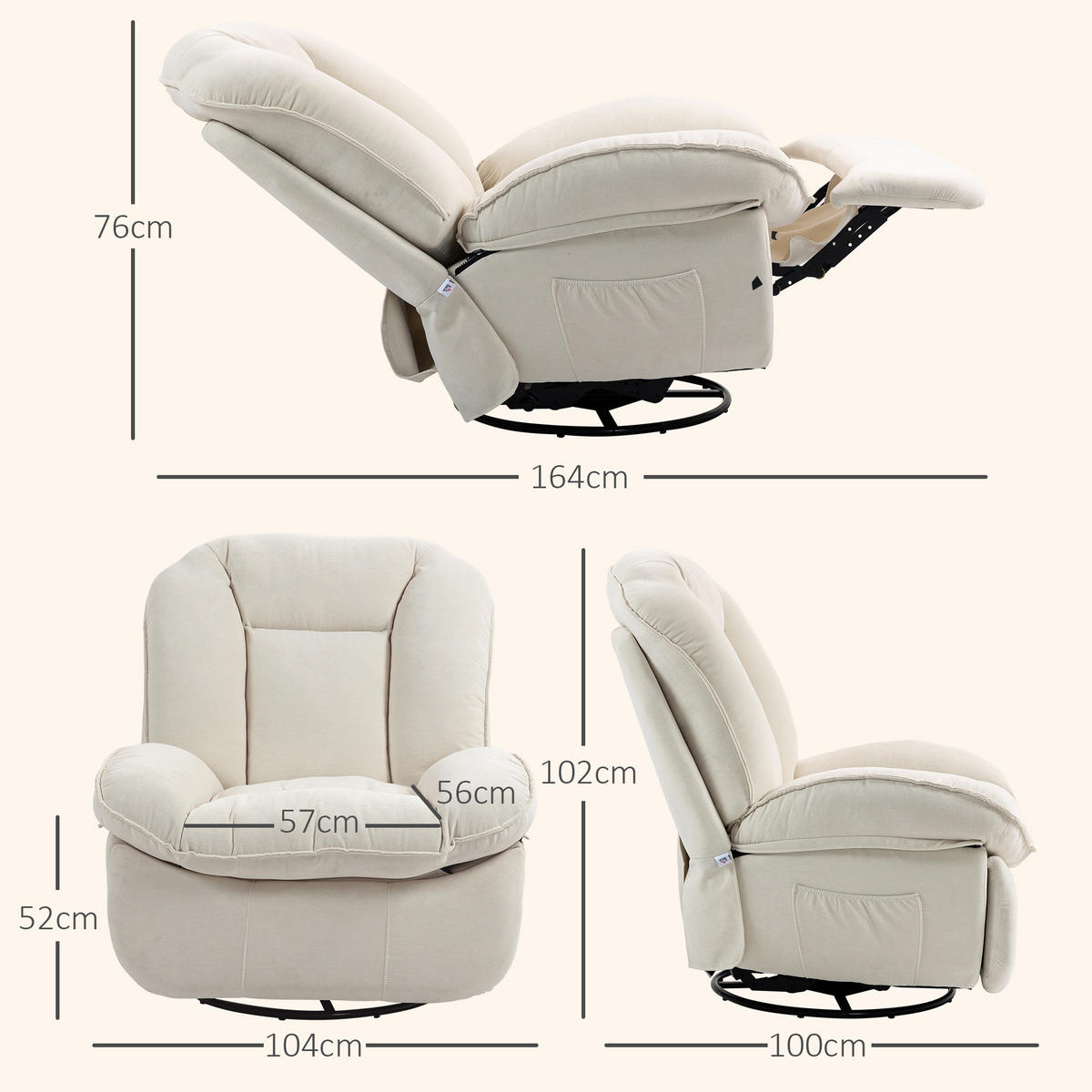 RELAXSESSEL Fernsehsessel mit Liegefunktion, Schaukelfunktion für Wohnzimmer - Creme/Schwarz, Textil/Metall (100/102/104cm) - HOMCOM