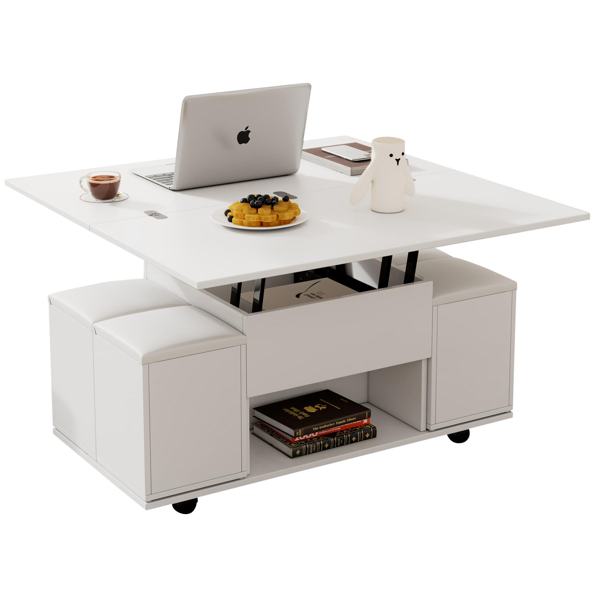COUCHTISCH 100/100/63,5 cm höhenverstellbar mit Stauraum in Weiß - Weiß, Holzwerkstoff (100/50/48cm) - Flora Grace