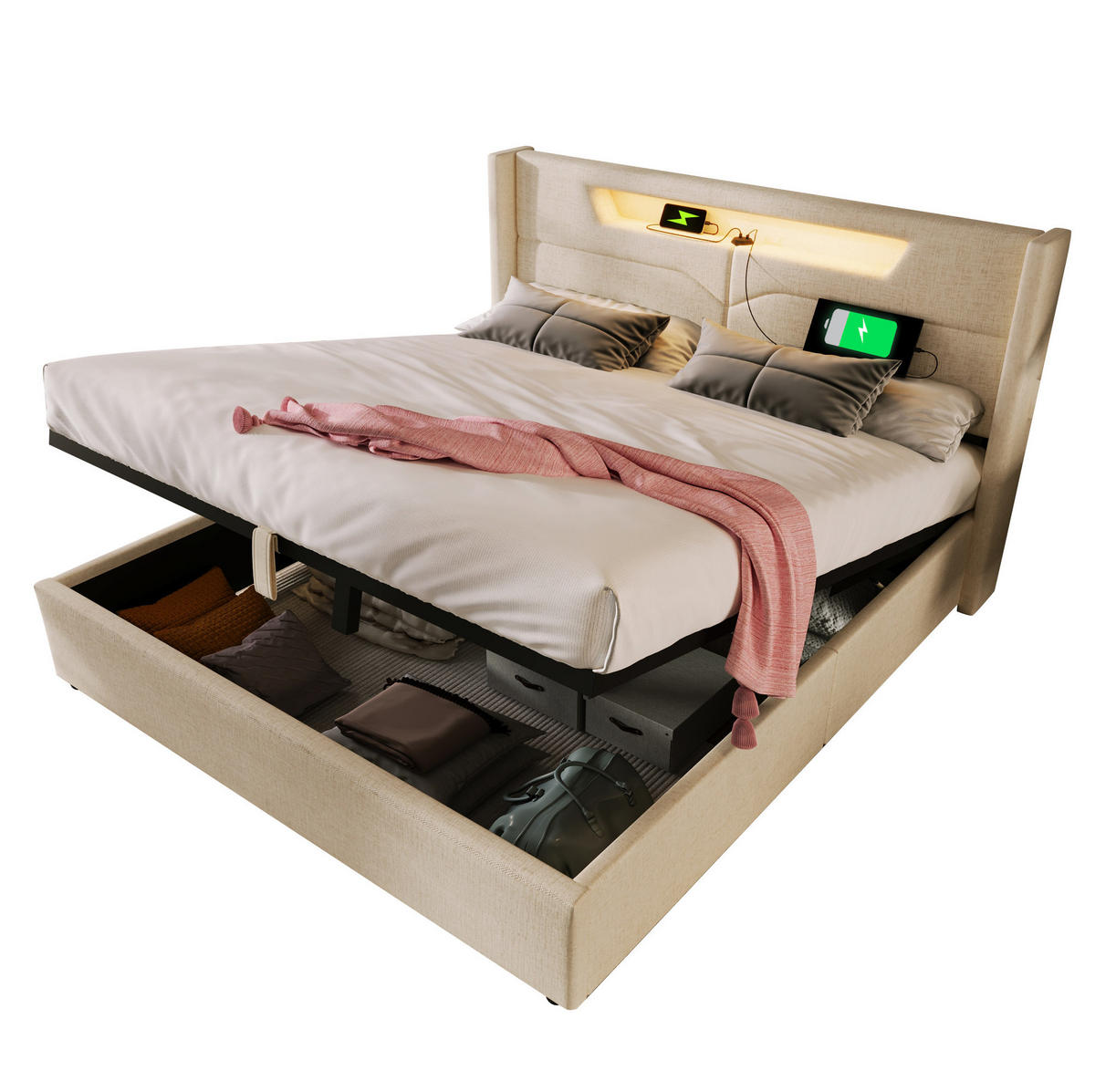 POLSTERBETT mit LED, USB und Stauraum 160x200 cm Leinen Beige - Beige, Metall (160/200cm) - Meubliv