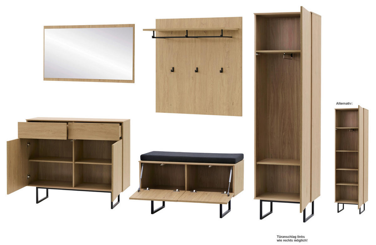 GARDEROBE-SET Stone Eiche 6-teilig 283 cm, Komplettset mit viel Stauraum - Eichefarben/Schwarz, Holzwerkstoff/Metall (283/200/40cm) - Furn.Design
