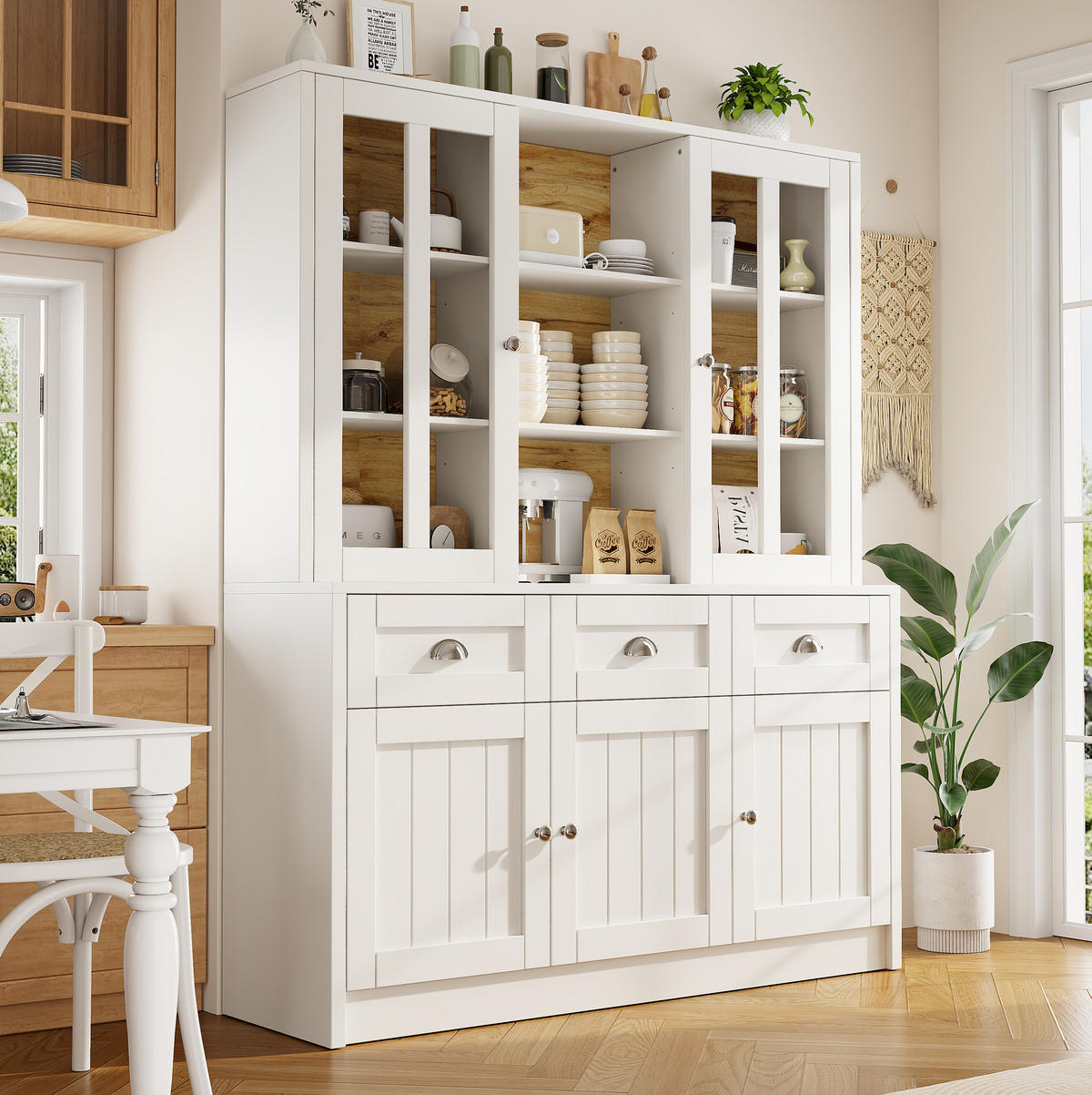 VISOKI element s vitrinskim dijelom, 140/38,5/175 cm, MDF i akril bijela - bijela, drvni materijal (140/175/38.5cm) - BEAOK
