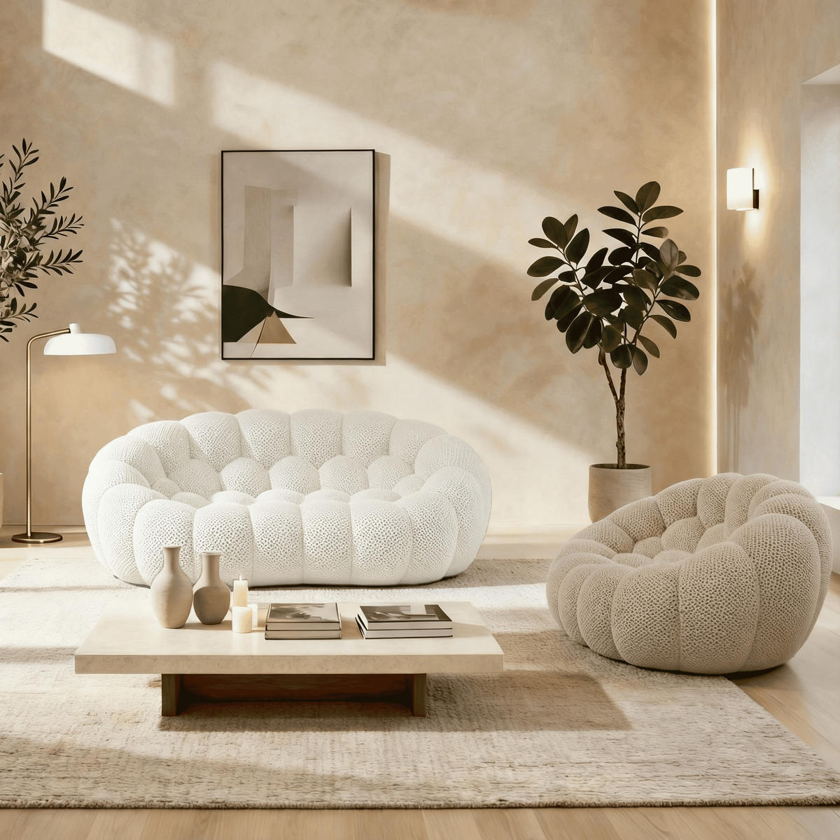 SITZGARNITUR Cocoon Sofa und Sessel Weiß und Sand - Sandfarben/Weiß, Textil (190/75/113cm) - COCO Living