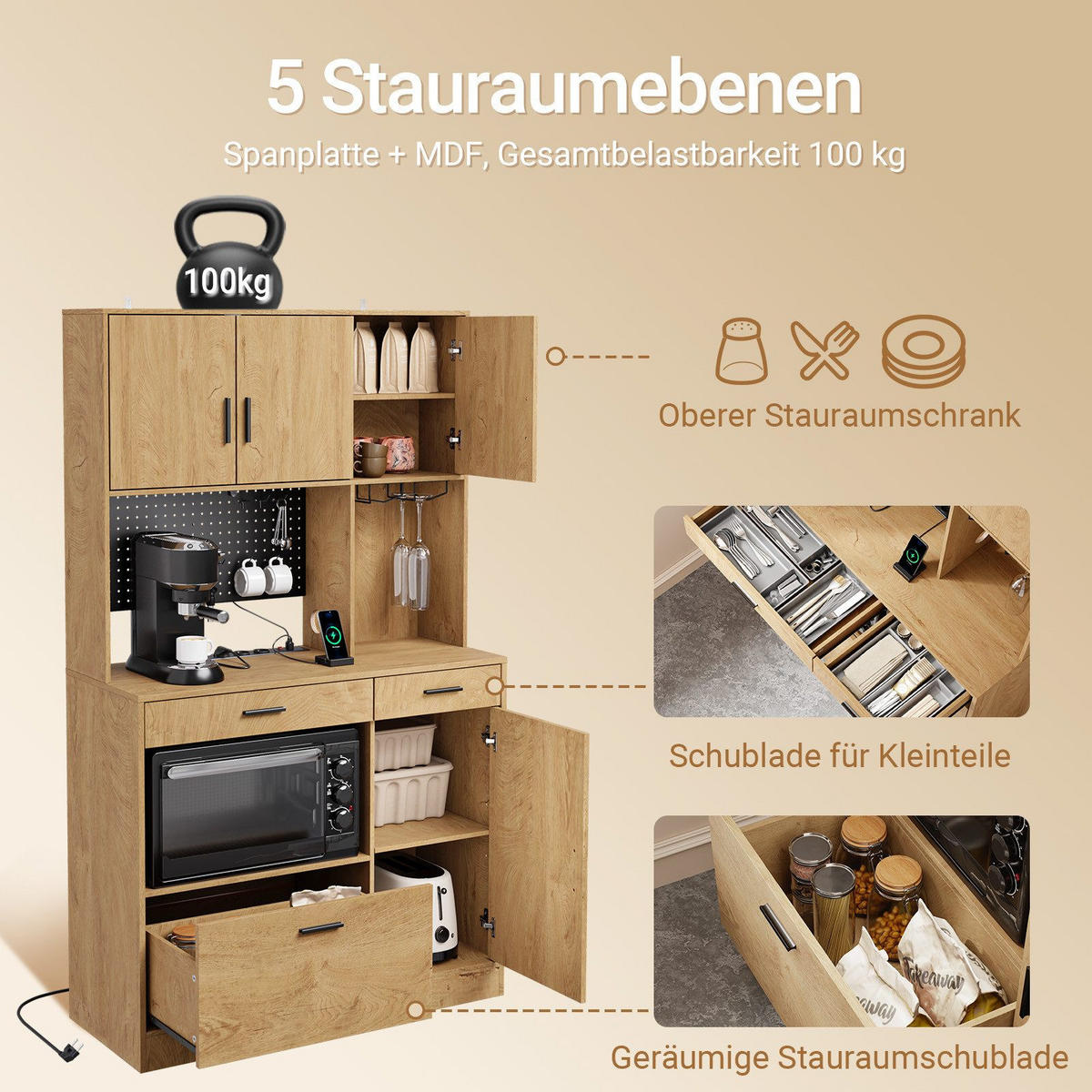 KUCHYŇSKÁ skříňka s úložným prostorem a zásuvkami - přírodní, kompozitní dřevo (100/170/40cm) - SoBuy