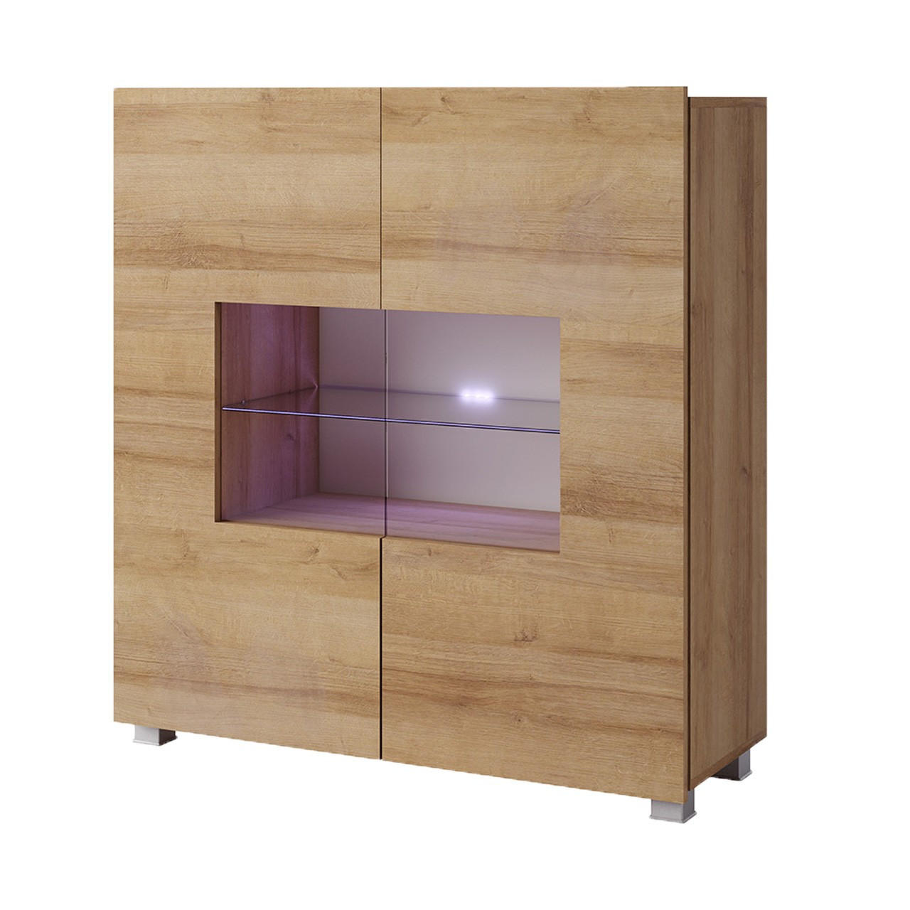 KOMMODE Bird Goldene Eiche, zweitürige Kommode, mit LED und Silber Beine - Eichefarben/Silberfarben, Glas/Holzwerkstoff (100/107/35cm) - Bettso