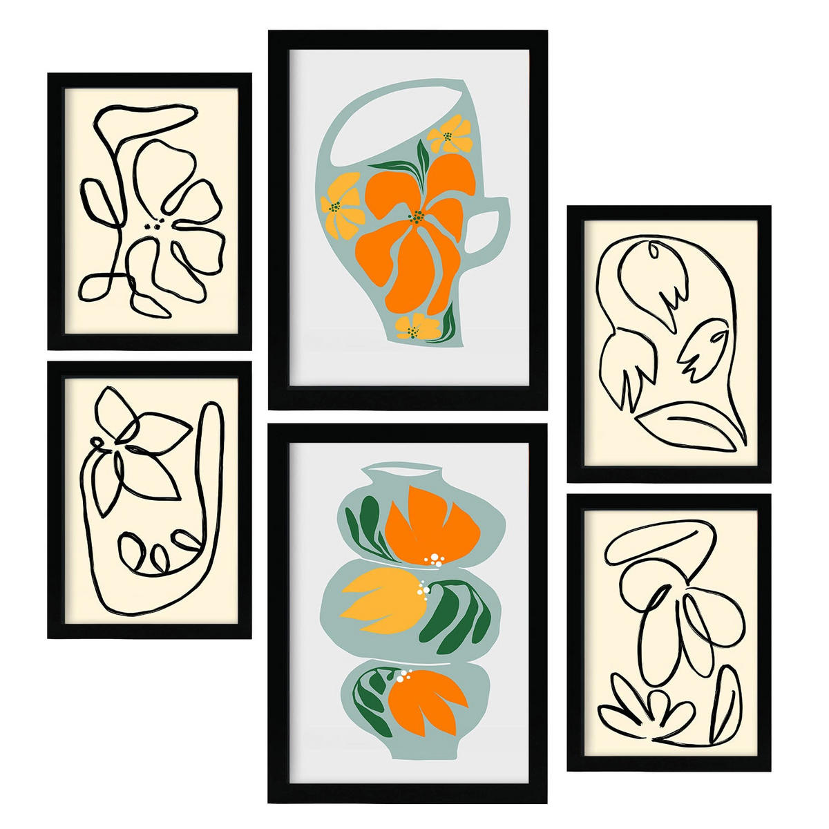 POSTER Set Mit 6 Demodierte Vase In Blume Zusammenfassung Ästhetische Dekorative Gemälde Für Ihr Wohnzimmer Zuhause A3 & A4 Schwarzer Rahmen - Schwarz, Papier (29/3cm) - Nacnic