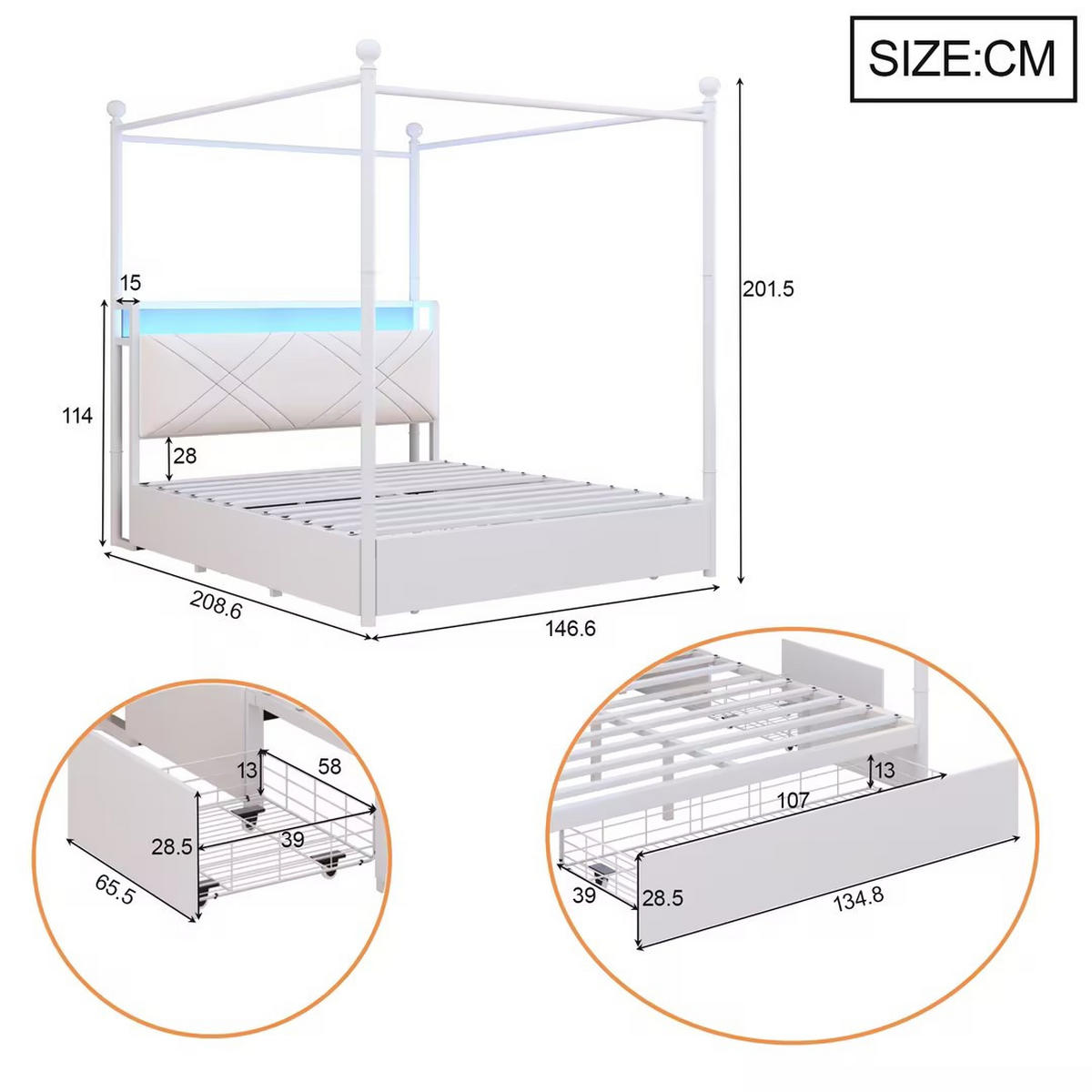 POLSTERBETT 90/190 cm Weiß mit LED-Beleuchtung, 2 Schubladen und USB-/Typ-C - Weiß, Holz (90/190cm) - Oxeza