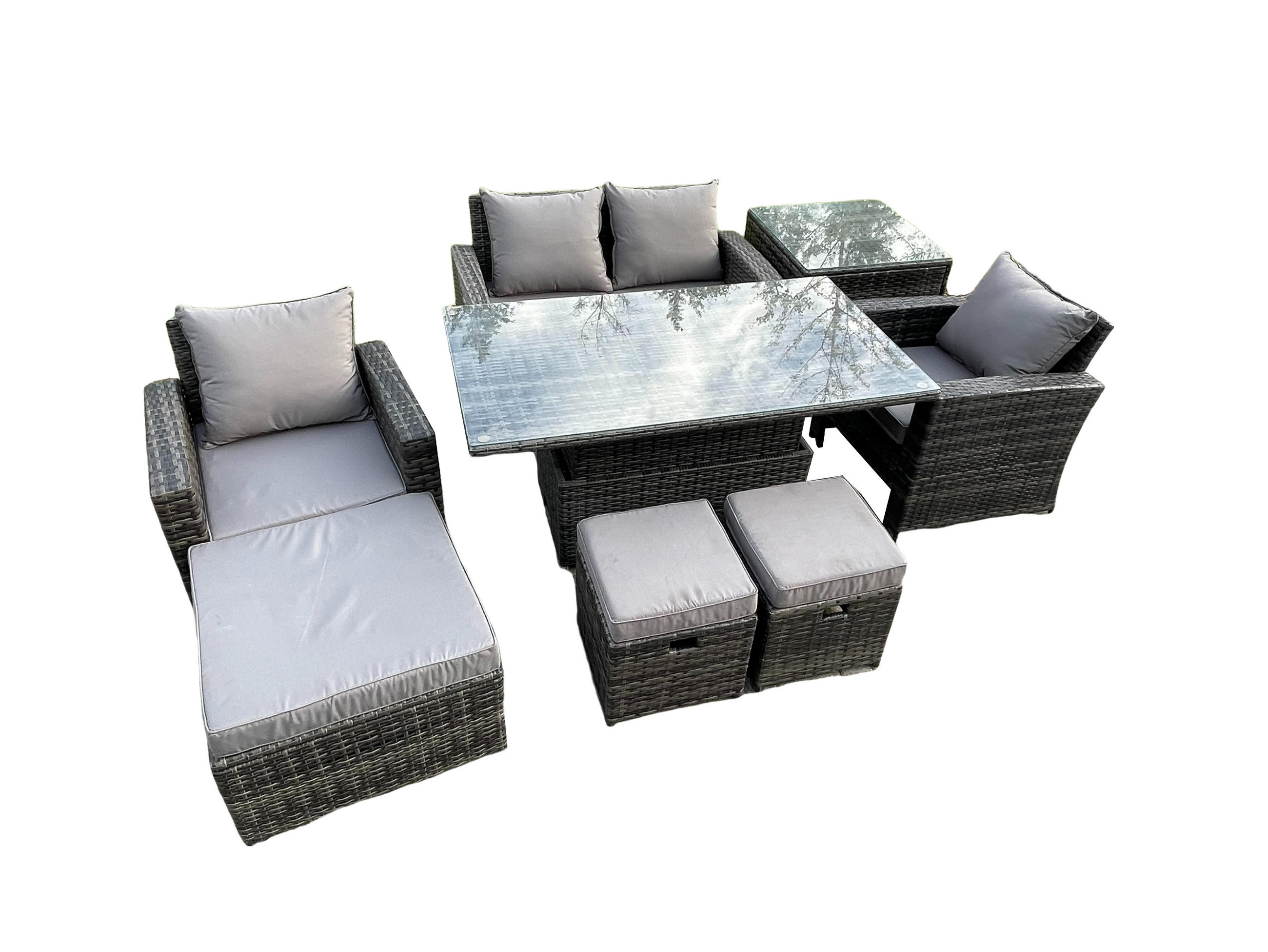 GARTENMÖBEL SET mit höhenverstellbarer Tisch Polyrattan Dunkelgrau 7-Sitzer - Dunkelgrau, Metall - Fimous