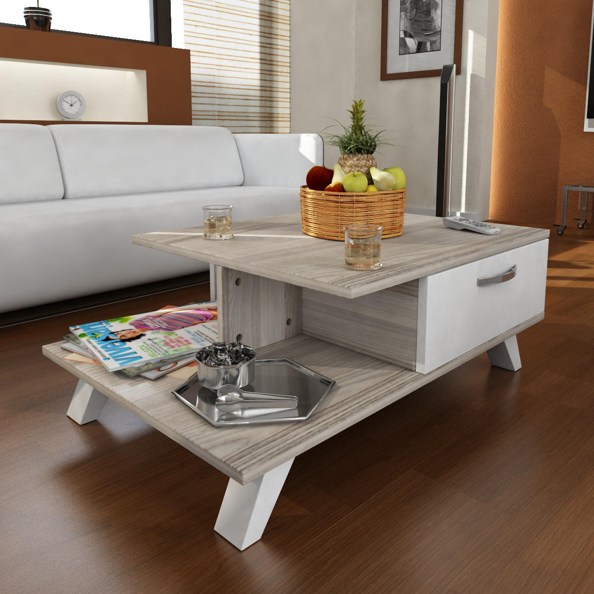 COUCHTISCH Arsenal Weiß Cordoba - Beige/Silberfarben, Holzwerkstoff (60/90/33cm) - moebel17