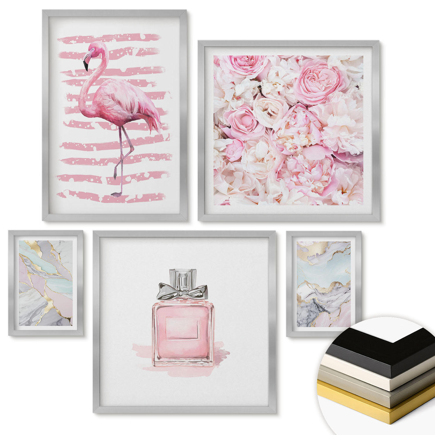 WANDBILDER 5er Set - 50x50 cm & 20x30 cm & 40x60 cm Silberner Rahmen - Rosa Blumen Marmor Pastell - Silberfarben, Kunststoff (40/60cm) - ArtPrintCave