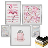 WANDBILDER 5er Set - 50x50 cm & 20x30 cm & 40x60 cm Silberner Rahmen - Rosa Blumen Marmor Pastell - Silberfarben, Kunststoff (40/60cm) - ArtPrintCave