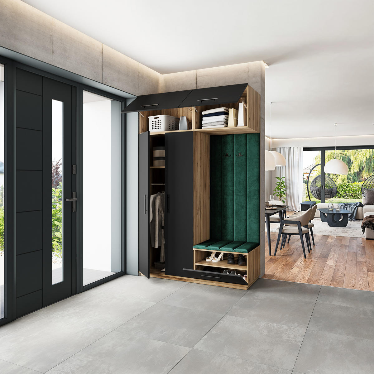 GARDEROBENSCHRANK REMA 150/240/60 cm Modern Garderobe-Set Eiche Wotan - Eiche Wotan/Schwarz, Holzwerkstoff (150/240/60cm) - MASSENO