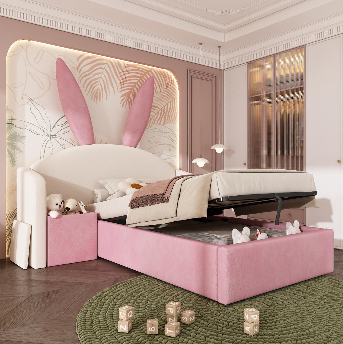 JUGENDBETT 90/200 cm aus Samt mit Stauraum, Nachttisch und Hasenohren-Design Beige/Rosa - Beige, Textil (90/200cm) - Modenvie