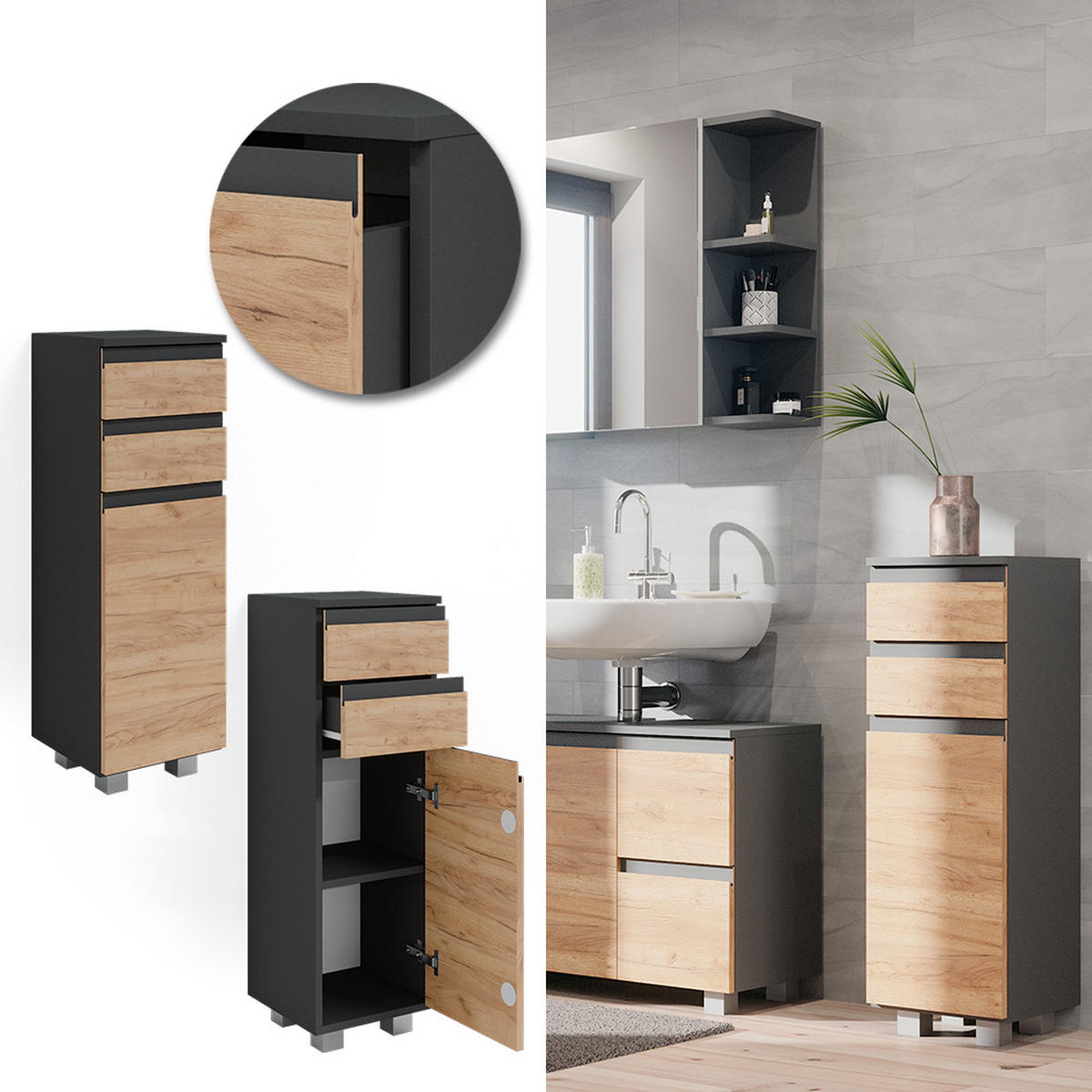 MIDISCHRANK J-Shape Grau 30 x 95 cm - Honigeiche/Eichefarben, Holzwerkstoff (30/95/30cm) - Vicco
