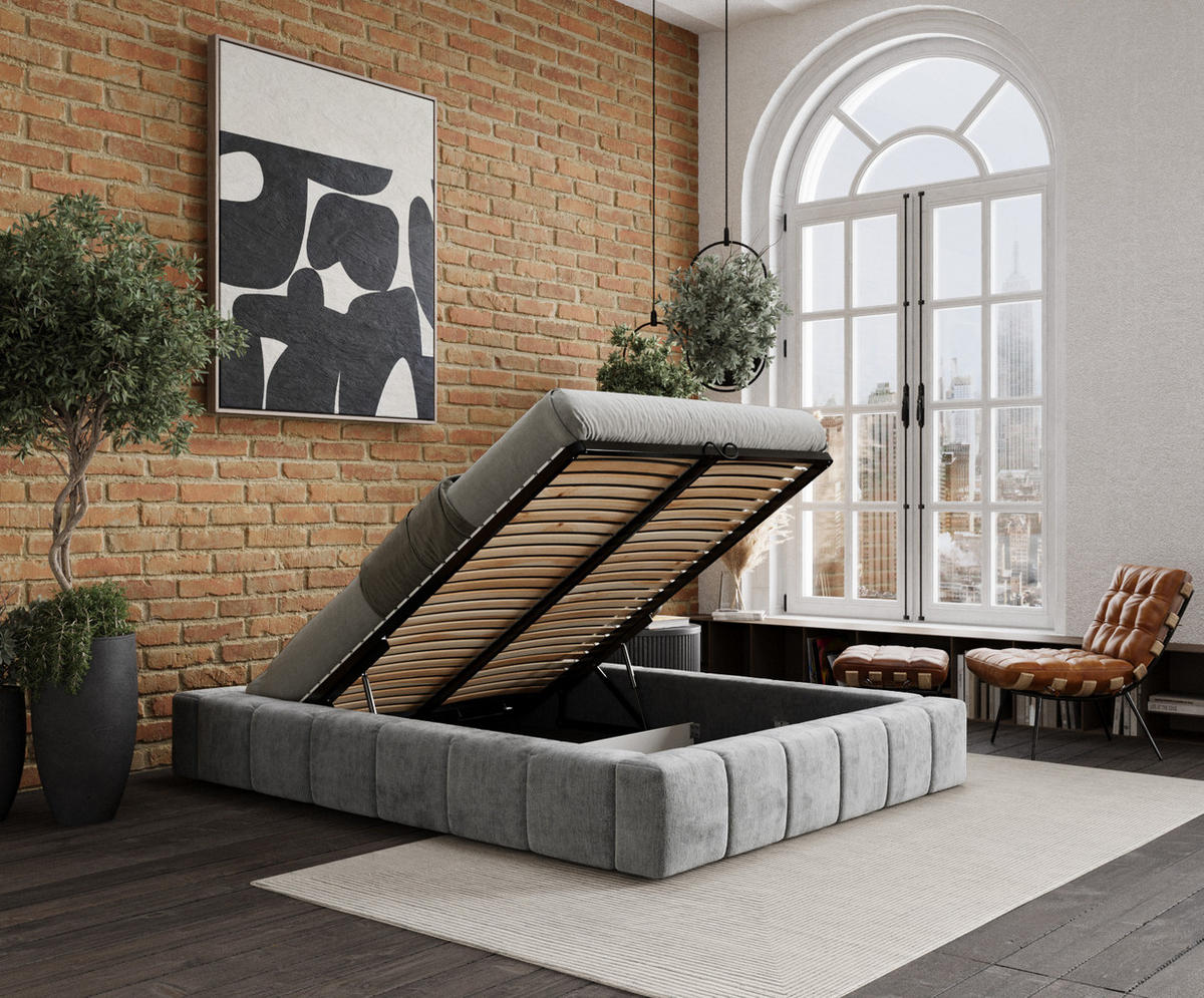 POLSTERBETT Aruba Hellgrau 180/200 cm im Chenille-Stoff - Hellgrau/Schwarz, Holz/Holzwerkstoff (180/200cm) - Maison de Reve