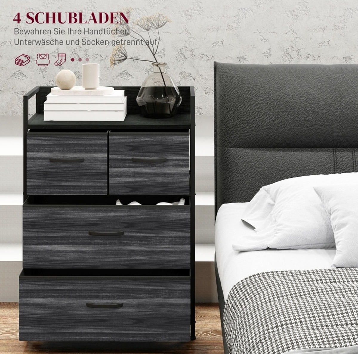 KOMMODE 60/29/85 cm mit 4 Stoffschubladen – Industrial-Stil in Schwarz - Schwarz, Holzwerkstoff (60/85/29cm) - BEAOK
