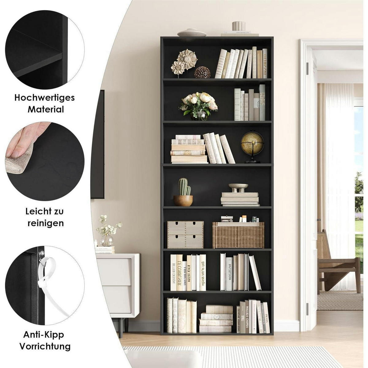 BÜCHERREGAL mit 7 Fächern schwarz 209,5 x 60 x 23,5 cm - Schwarz, Holzwerkstoff (60/210/23.5cm)