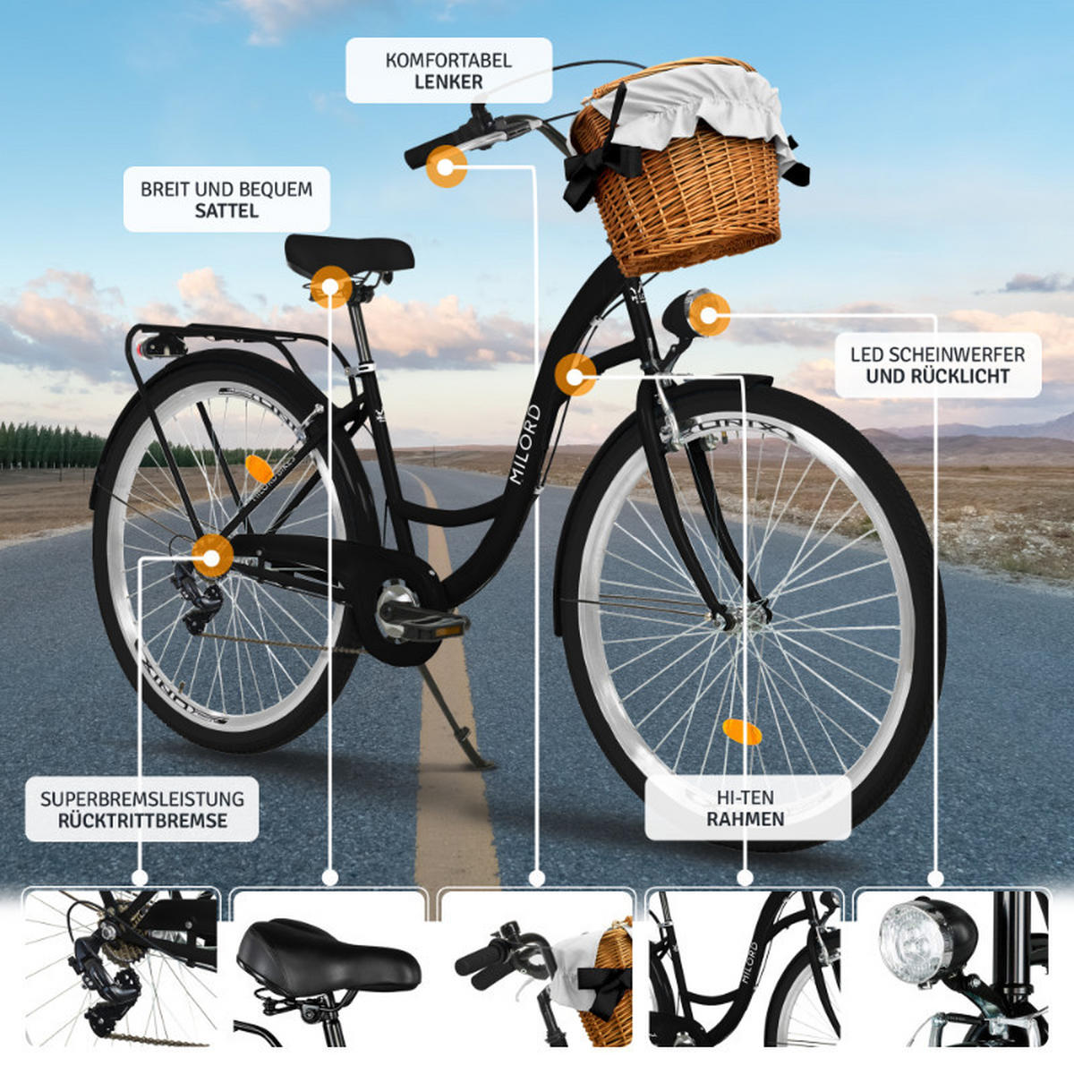 CITY-FAHRRAD Milord mit Weidenkorb, 28 Zoll, Schwarz, 7-Gang - Schwarz, Metall (46cm) - Milordbikes