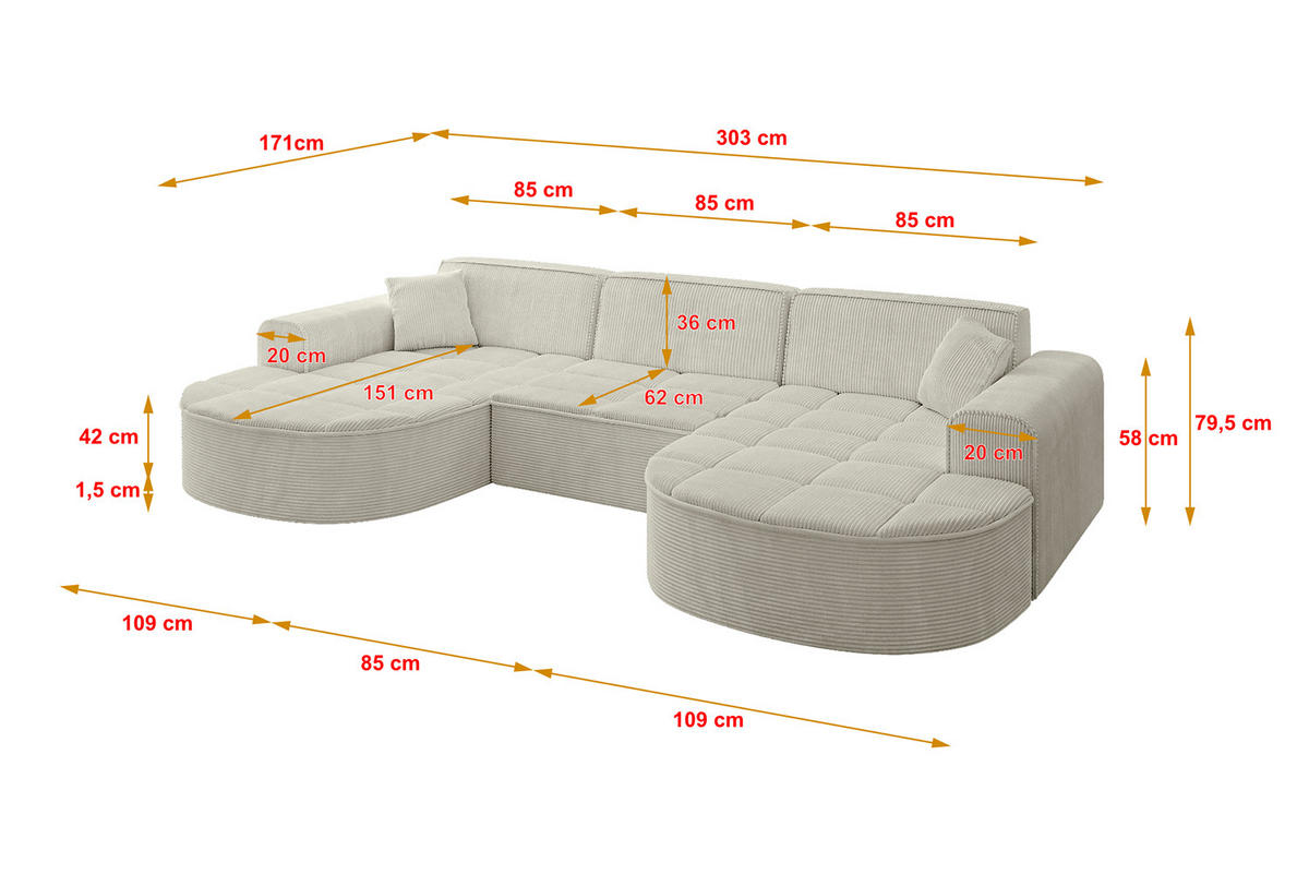 WOHNLANDSCHAFT TARO-U1 - 303x171x79,5 cm Creme - Hellgrau/Creme, Holzwerkstoff/Textil (303/79.5/171cm) - ALTDECOR