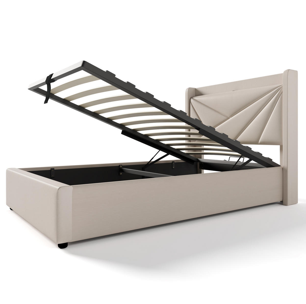 POLSTERBETT 90/200 cm Beige aus Baumwolle, Leinen und Metall mit Bettkasten und Ladefunktion - Beige, Textil (90/200cm) - OKMYHOME
