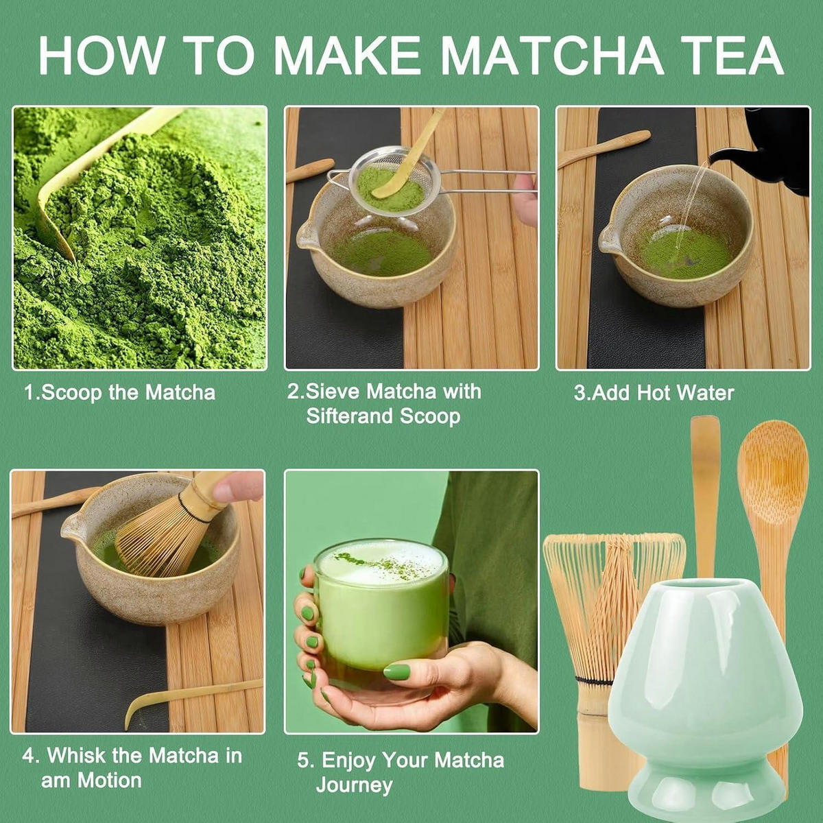 MATCHA Besen Set 4-teilig mit Löffeln und Halter cyanfarben - Türkis, Naturmaterialien (8/1.5/20cm)