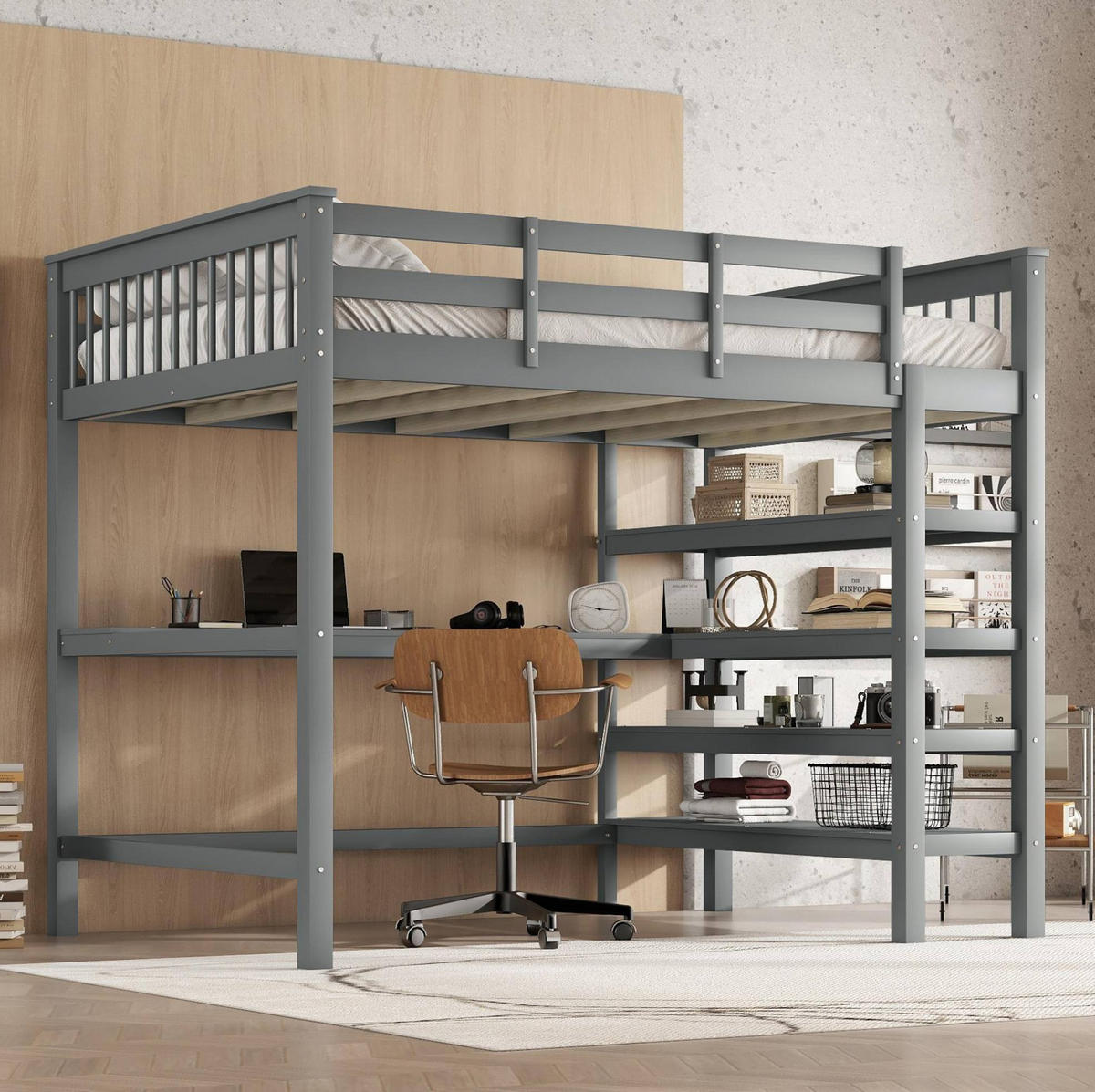 HOCHBETT 140/200 cm, Grau mit Schreibtisch und Ablagefächern ohne Matratze - Grau, Holz (140/200cm) - MIVRAY