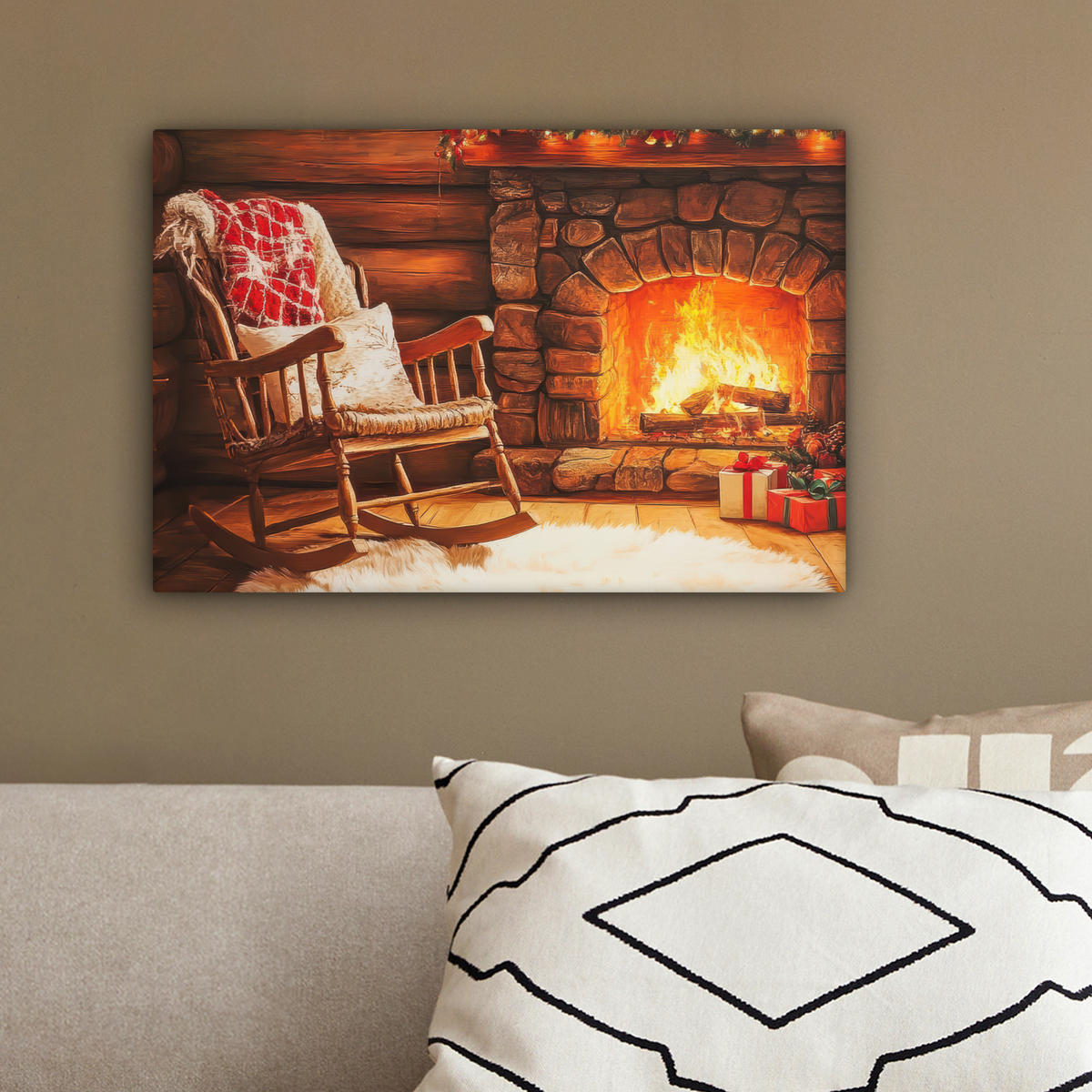 LEINWANDBILD Winter - Weihnachten - Zuhause - Kamin 30x20 cm - Bernsteinfarben, Textil (30/20cm) - MuchoWow