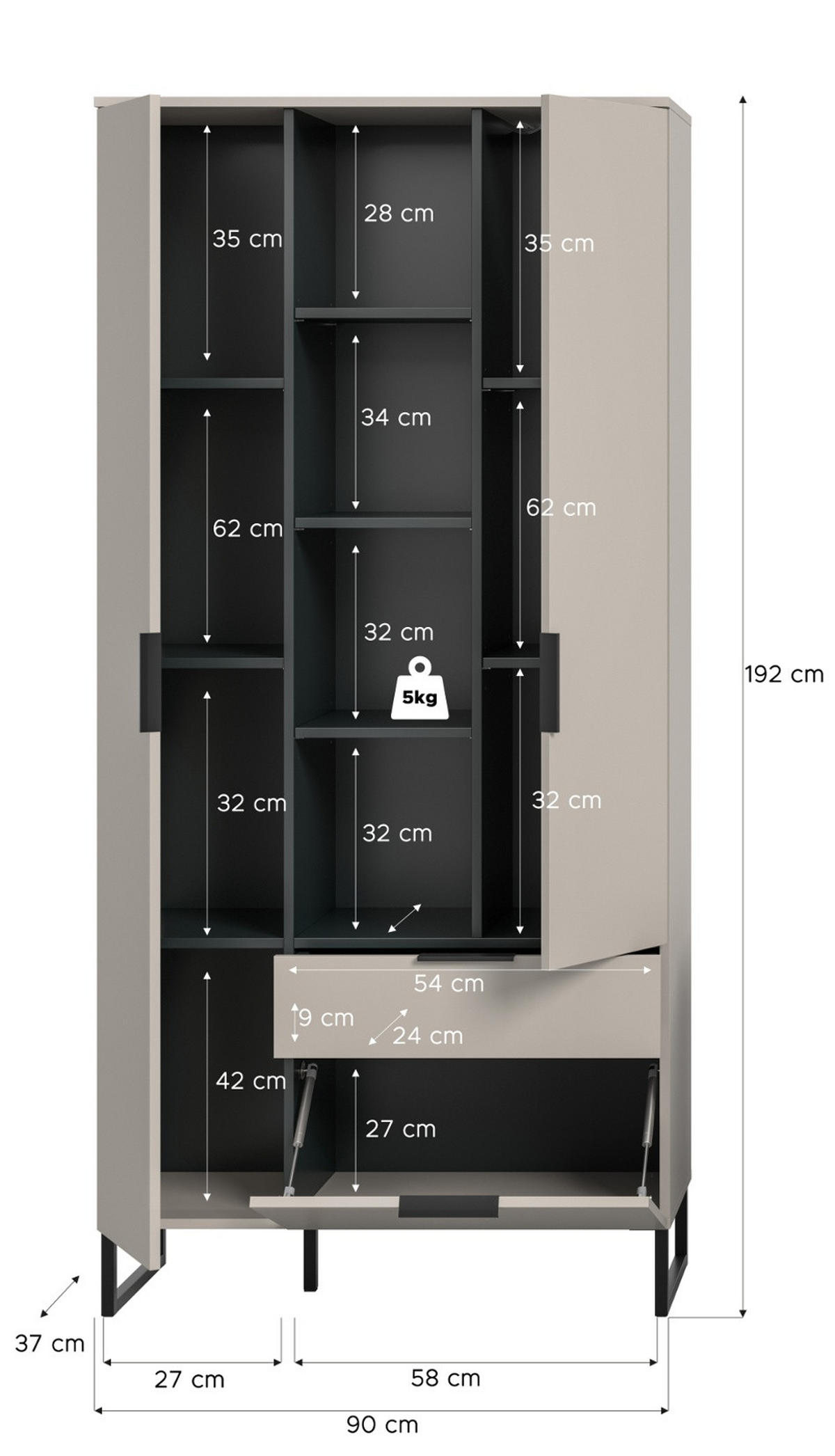 STAURAUMSCHRANK Kaschmir, schwarz 90 x 192 cm, Mehrzweckschrank mit Soft-Close - Kaschmir/Schwarz, Holzwerkstoff/Kunststoff (90/192/37cm) - Inn.Furn