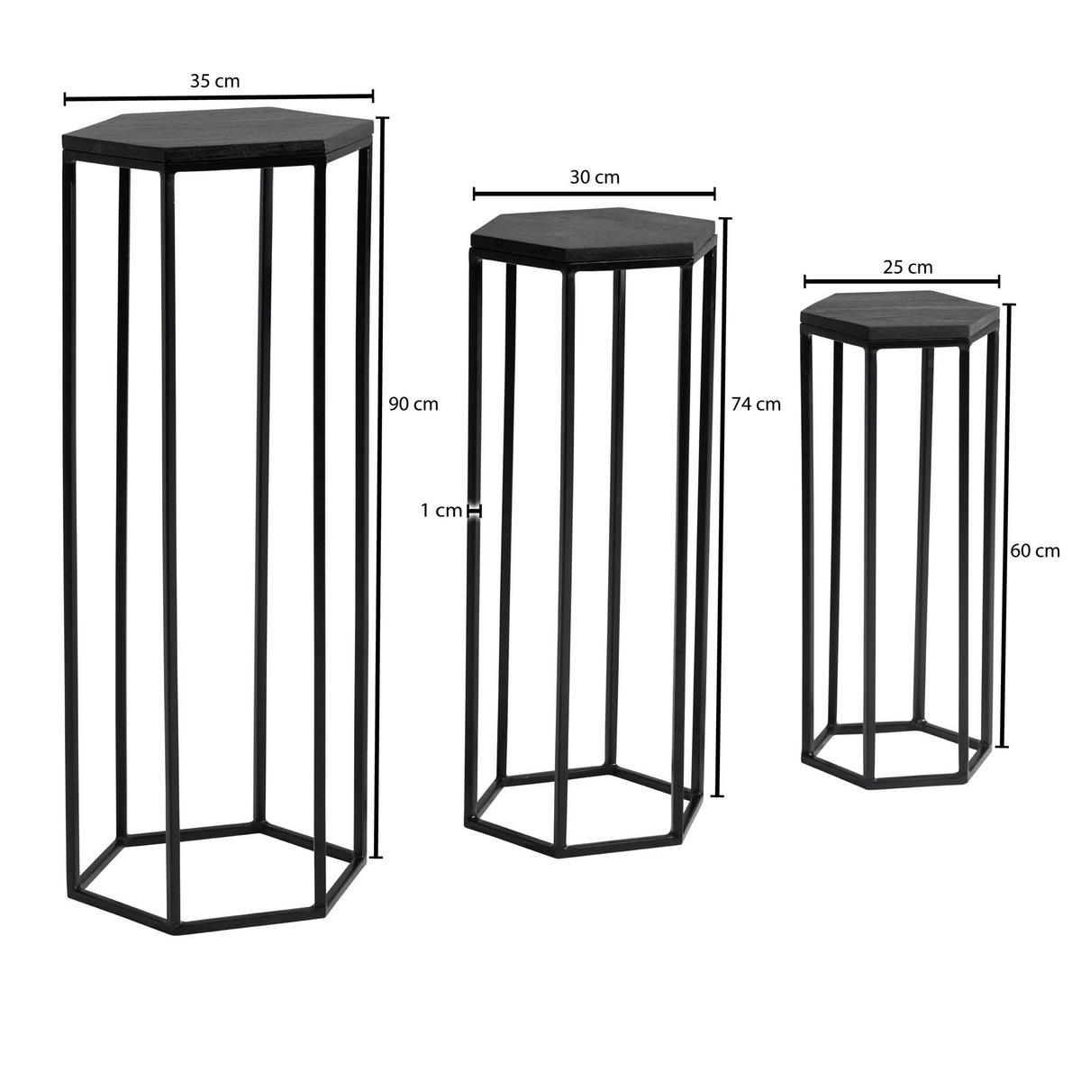 BEISTELLTISCHE 3er Set Massivholz und Metall in Hexagon-Form - Schwarz, Holz/Metall (35/35/90cm) - KADIMA DESIGN