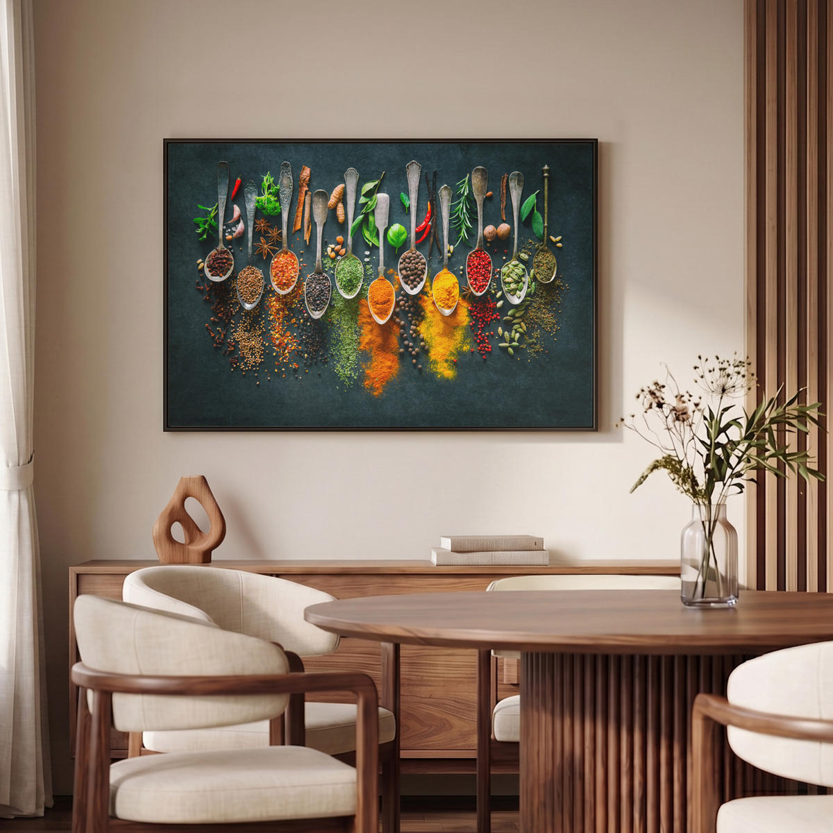 LEINWAND Bilder mit Rahmen - Kräuter - Gewürze - Löffel - 90x60 - Currygelb, Textil (90/60cm) - MuchoWow