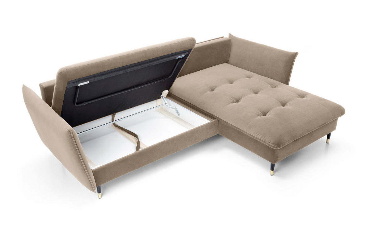 ECKSOFA GLAM mit Schlaffunktion, Ottomane & goldenen Füßen – Samtsofa im Glamour-Stil mit Zierkissen, 258x167x91 cm, rechte, beige​ - Beige, Holz/Textil (258/167cm) - DomoHome