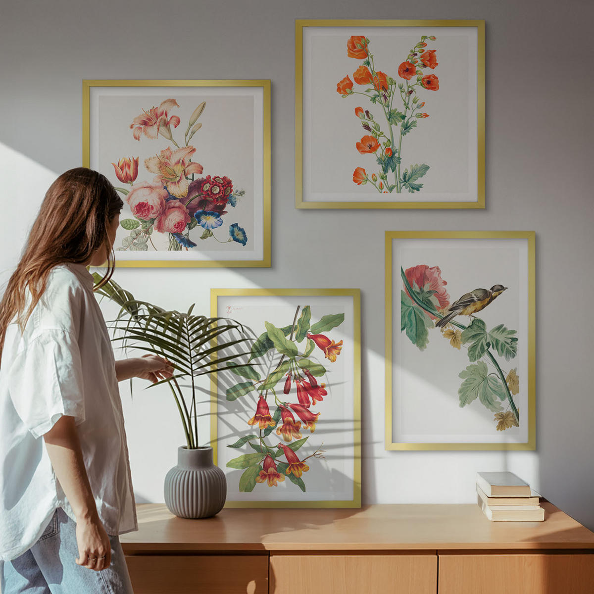 BILDER SET 4er Set - 50x50 cm & 40x60 cm Goldrahmen - Gemalte Blumen, Retro-Vogel - Goldfarben, Kunststoff (50/50cm) - TULUP