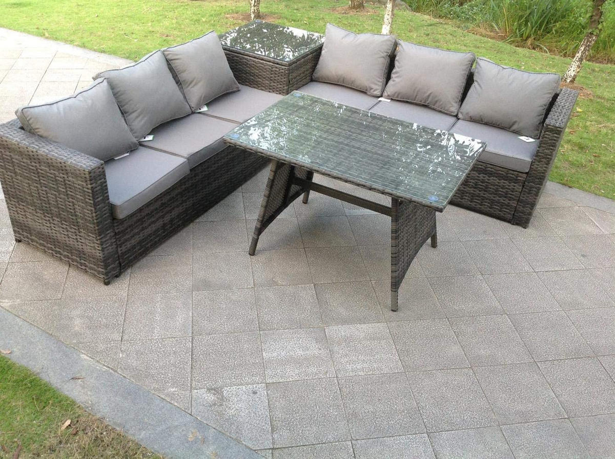LOUNGESOFA SET mit Esstisch Polyrattan 6-Sitzer - Dunkelgrau/Grau, Glas/Kunststoff - Fimous