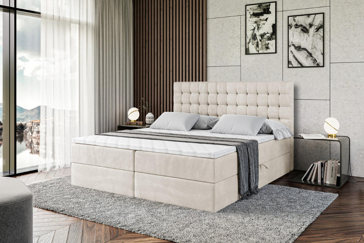 BOXBETT mit H3-Matratze und Lattenrost - VIONE - 160x200 Ecru - Ecru, Holzwerkstoff (160/200cm) - ALTDECOR