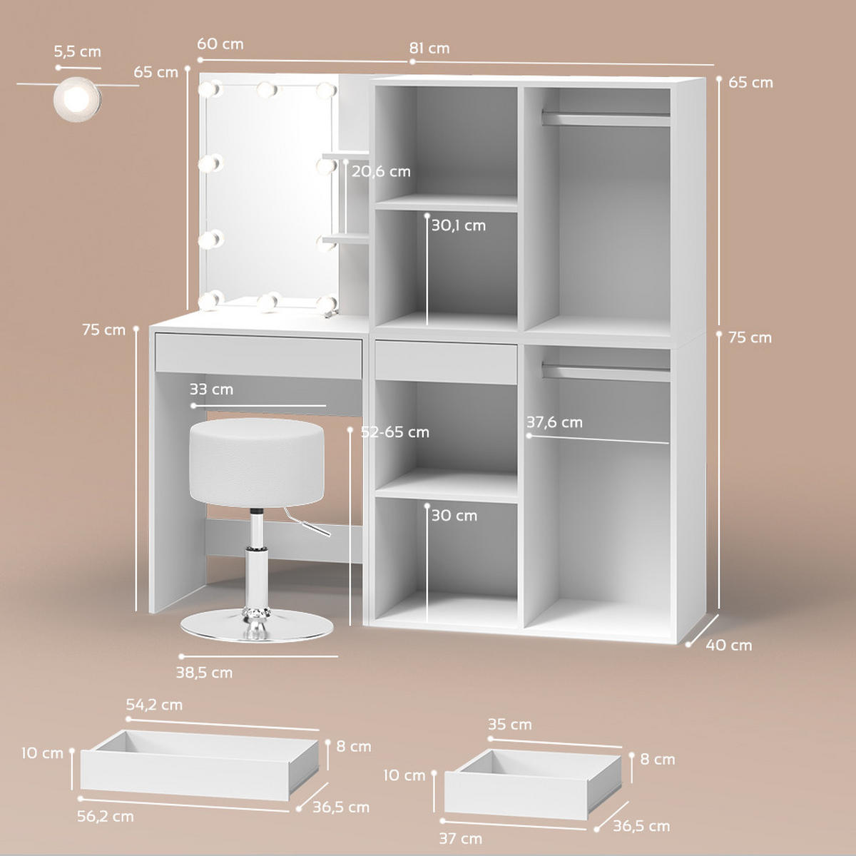 SCHMINKTISCH Nola Weiß mit LED, Hocker und Schränken - Weiß, Holzwerkstoff (140/140/40cm) - Livinity®