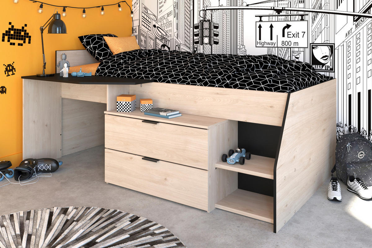 HOCHBETT Jugendzimmer Bett 90 x 200 cm 2x Schubkasten, Stauraum - Eichefarben/Schwarz, Holz/Holzwerkstoff (90/200cm) - Parisot Meuble