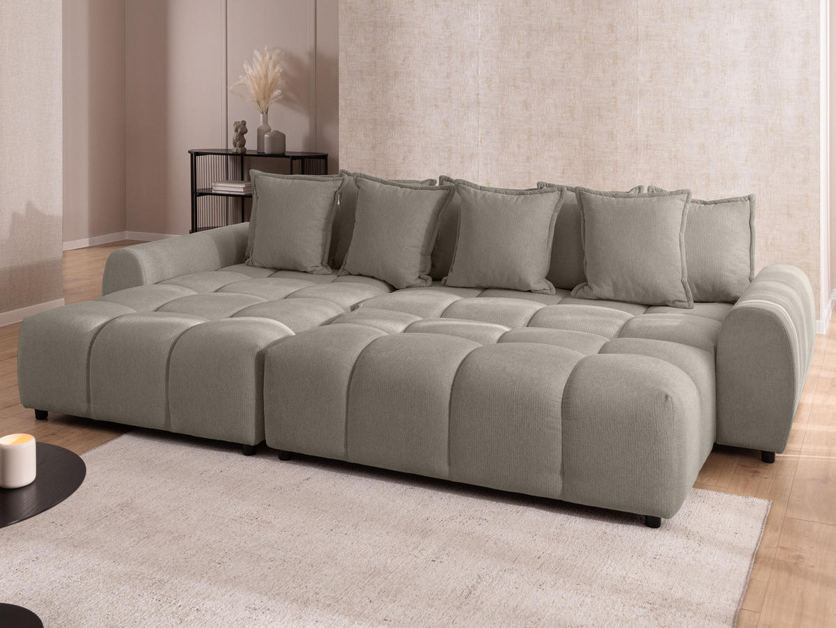ECKSOFA inkl. Hocker Bubble mit Schlaffunktion und losen Rückenkissen, Sitzfläche in Bubble-Optik aus weichem Taupe Strukturstoff - Ottomane Links - Taupe/Schwarz, Holz/Kunststoff (180/306cm) - S-Style Möbel