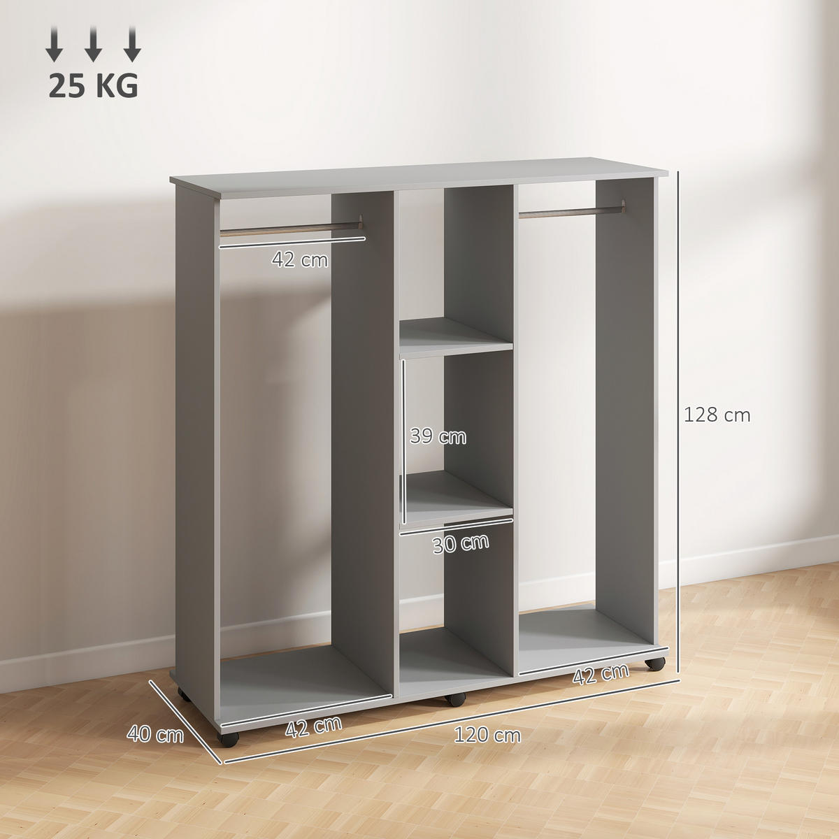 KLEIDERSCHRANK Grau 1 Stück - Grau, Holzwerkstoff (40/128/120cm) - GiPP
