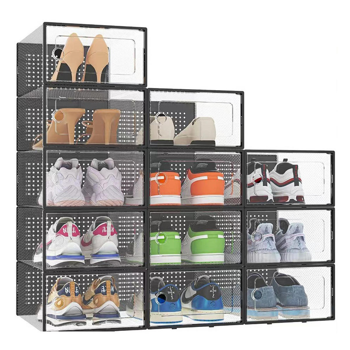 SCHUHBOXEN Kunststoff Schwarz 12er-set 33x23x14cm- Einfacher doppelrahmen klappbarer mehrschichtiger Aufbewahrungsständer - Schwarz, Kunststoff (23/14/23cm) - Livingandhome
