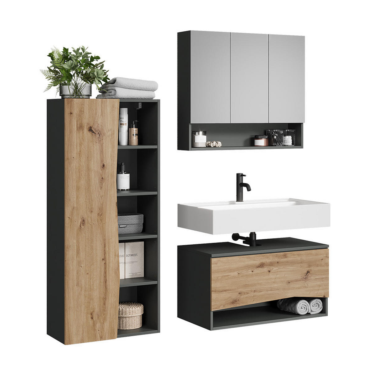 BADMÖBEL-SET Willow Artisan 3 Teile - Anthrazit/Hellgrau, Holzwerkstoff (80/42.8/43cm) - Vicco