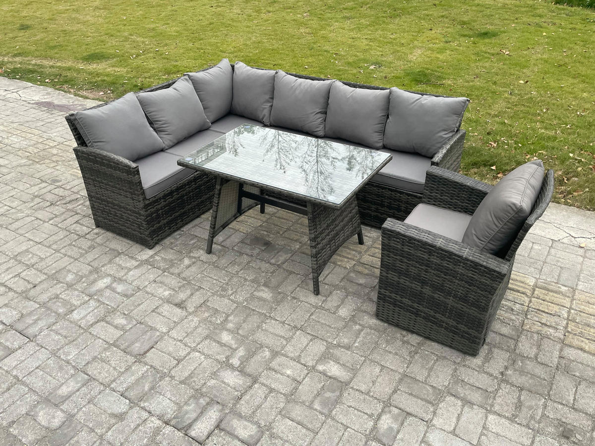 SITZGRUPPE mit Ecksofa Stuhl Polyrattan Dunkelgrau 7-Sitzer - Dunkelgrau/Grau, Glas/Kunststoff - Fimous