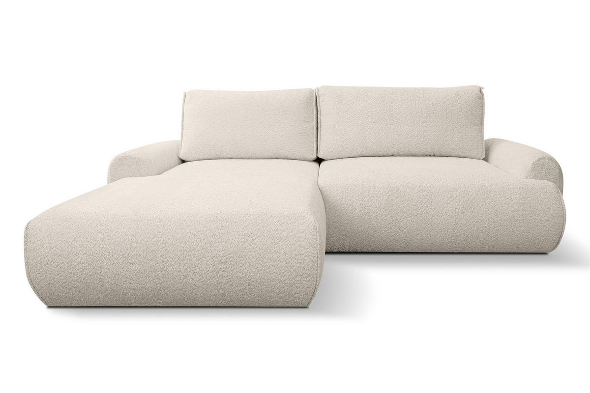 ECKSOFA Moon in L-Form mit Schlaffunktion und Bettkasten, Farbe: Beige, Bouclé-Stoff, Ottomane Links - Beige, Textil (136/260cm) - VENASI MÖBEL