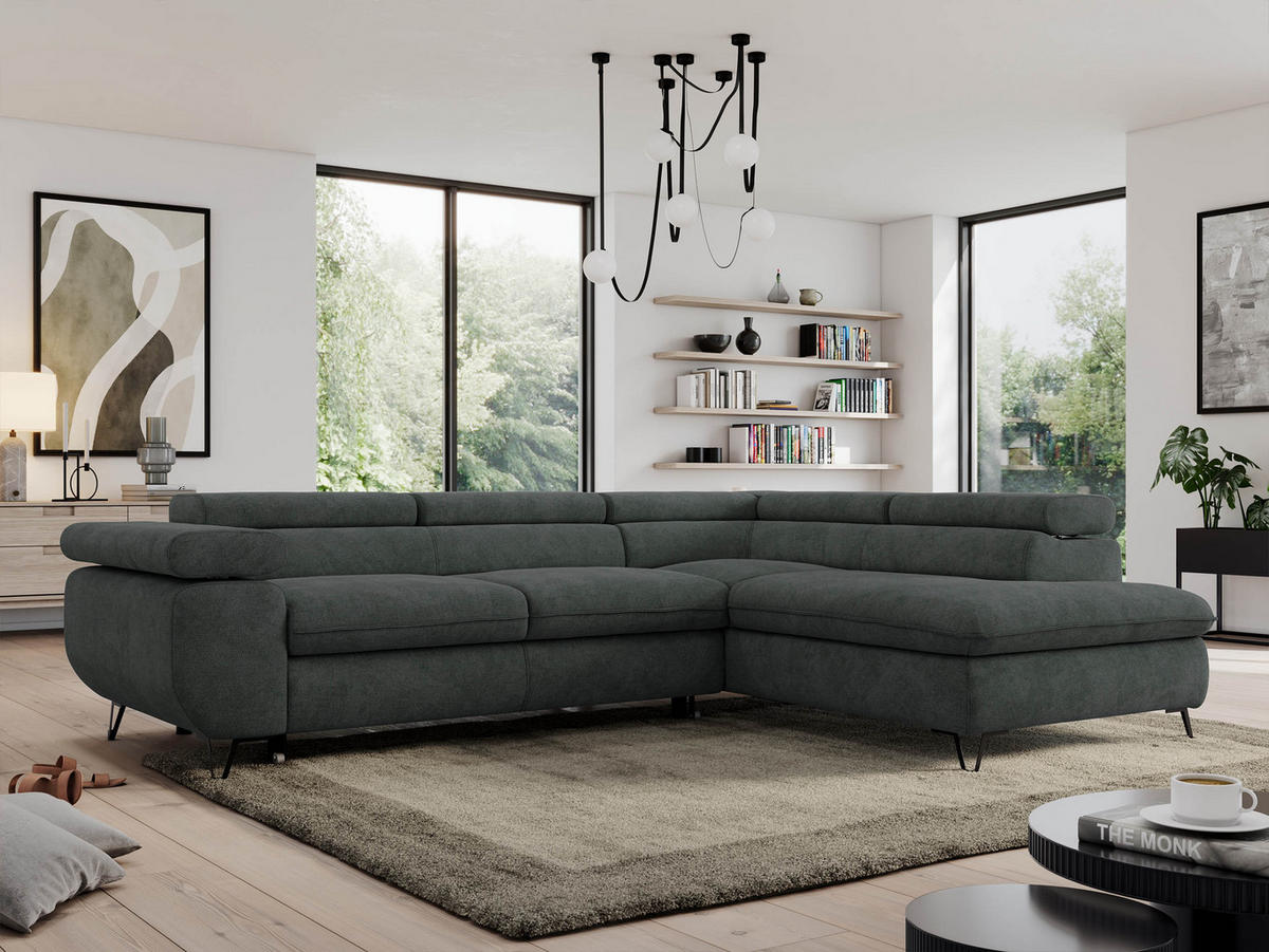 ECKSOFA PEDRO L Dunkelgrau Struktur - Rechts Seite - Dunkelgrau/Schwarz, Textil/Metall (273/208cm) - MKS
