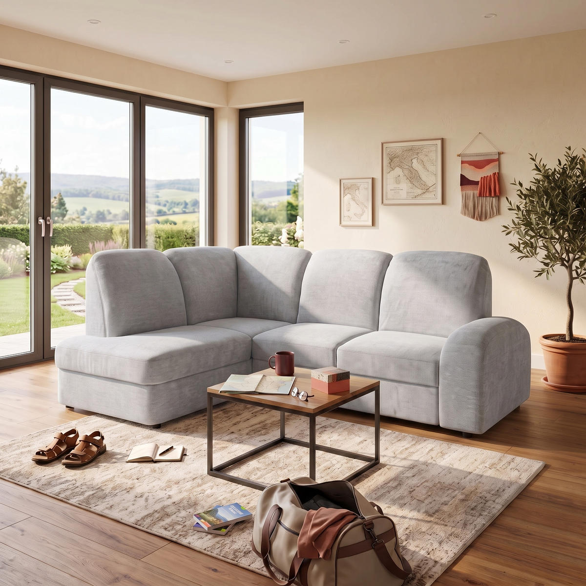 ECKSOFA VIBE L Links mit Schlaffunktion 129x205 Chenille Hellgrau - Hellgrau/Schwarz, Holz/Kunststoff (186/250cm) - Muffo