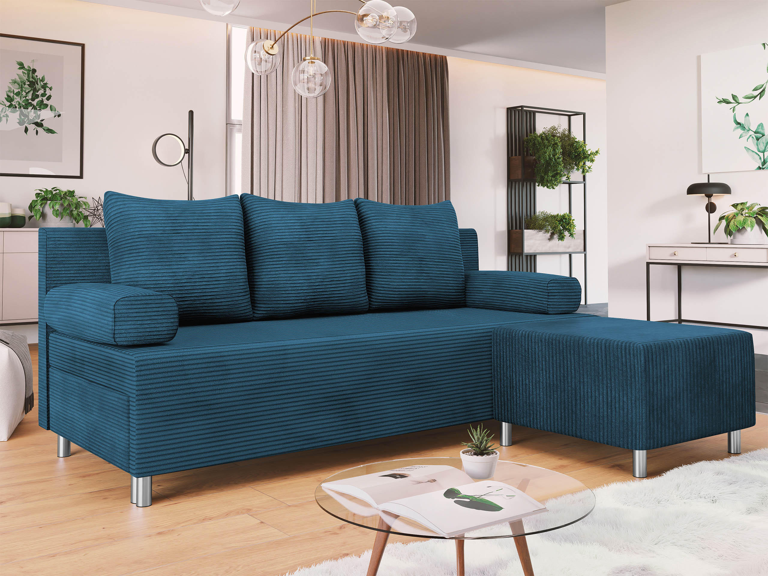 SCHLAFSOFA Dover Cord mit Polsterhocker - Chromfarben/Blau, Holz/Kunststoff (192/80cm) - MIRJAN24
