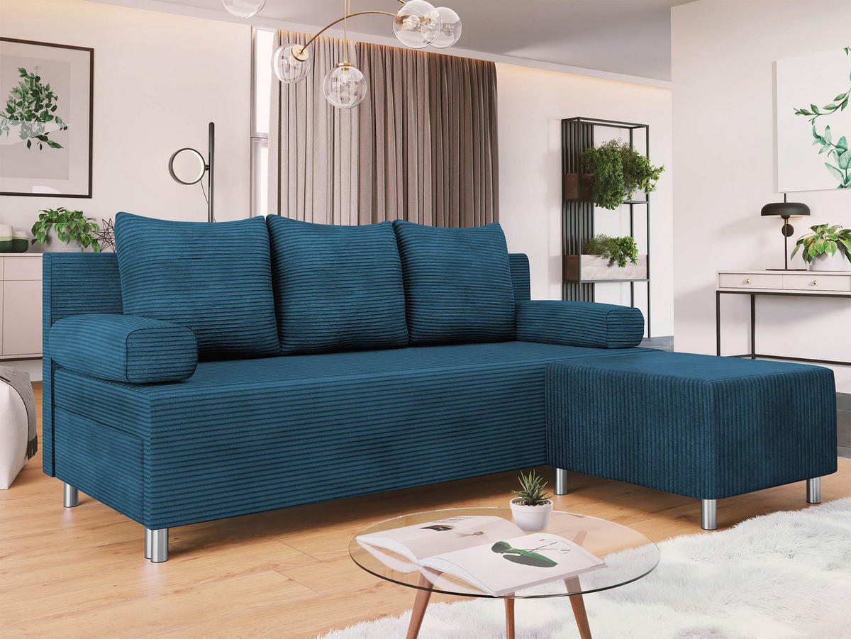 SCHLAFSOFA Dover Cord mit Polsterhocker - Chromfarben/Blau, Holz/Kunststoff (192/80cm) - MIRJAN24