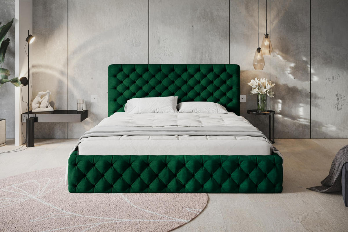 BETT 180x200 - Polsterbett mit Bettkasten und Holzrahmen - Elegant Betten - Glatter Kronos-Stoff - Kollektion Miami, Grün - AlpiMeble - Grün, Holz/Kunststoff (180/200cm) - Alpi-Möbel