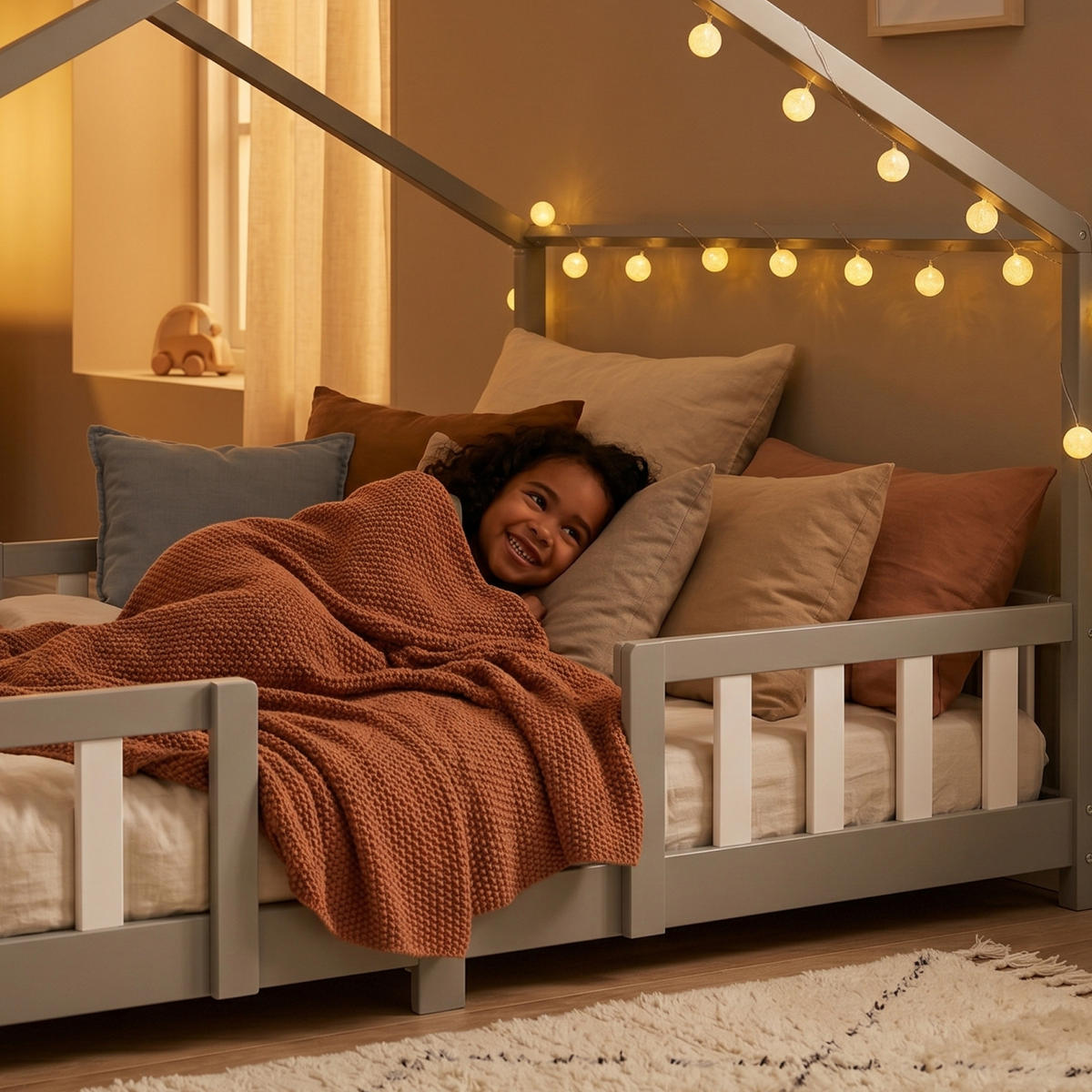 HAUSBETT Treviolo mit Matratze - Hellgrau/Weiß, Holz/Textil (140/200cm) - [en.casa]