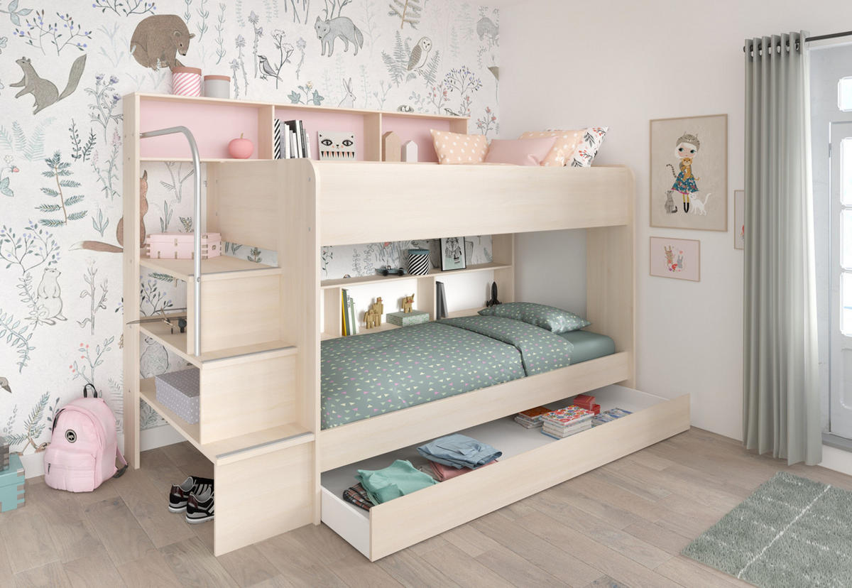 KINDERZIMMER Set 4-tlg. mit Etagenbett und 2 x Schreibtisch - Silberfarben/Akaziefarben, Holzwerkstoff/Kunststoff (245/171/114cm) - Parisot Meuble