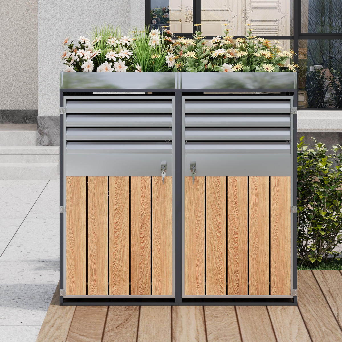 MÜLLTONNENBOX aus Stahl in Grau Holzoptik mit Pflanzfläche & abschließbar - Grau, Metall (132/124.5/80cm) - Modfu